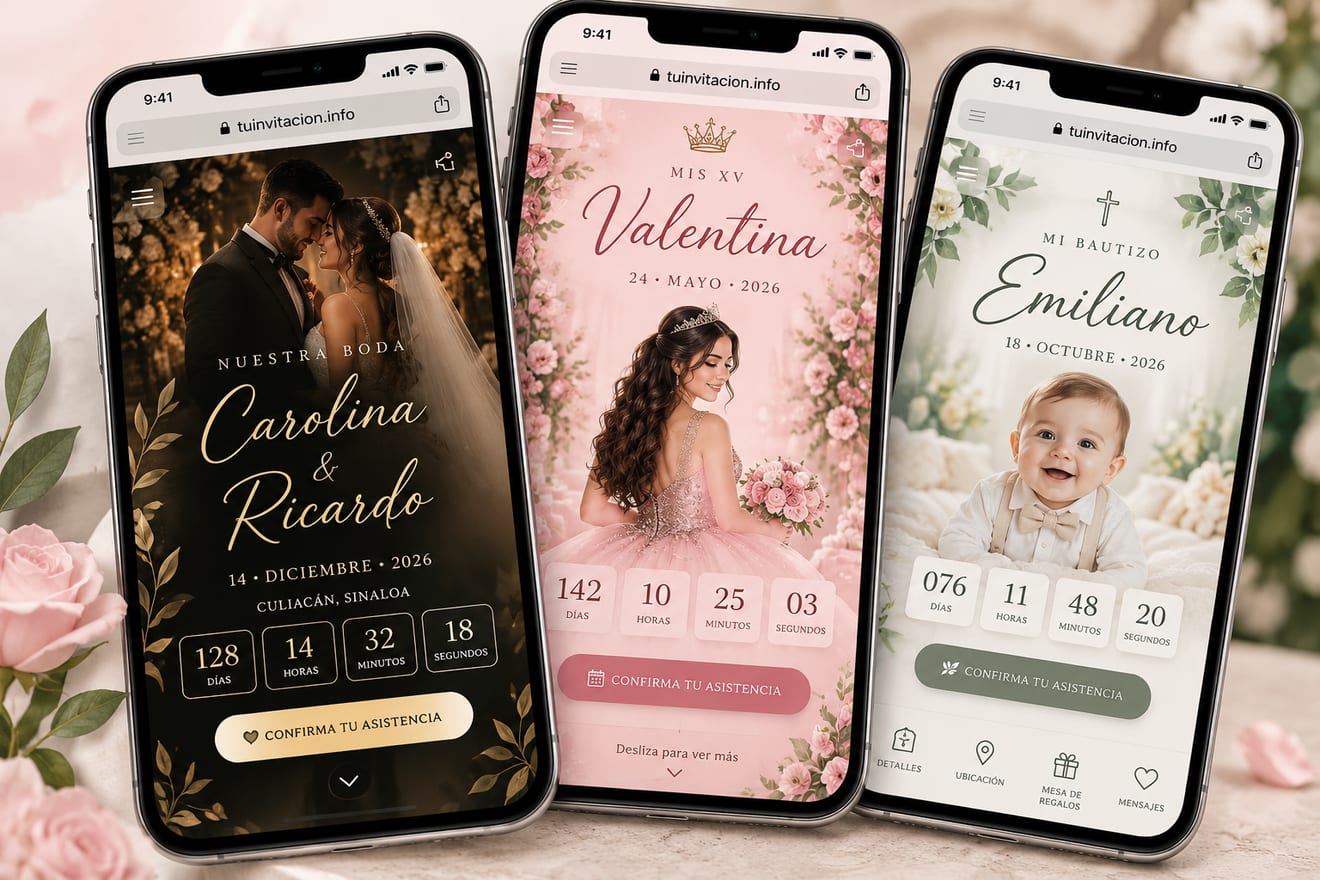 Tres invitaciones web vistas en celular: boda, XV años y bautizo, con cuenta regresiva y botón de confirmar asistencia